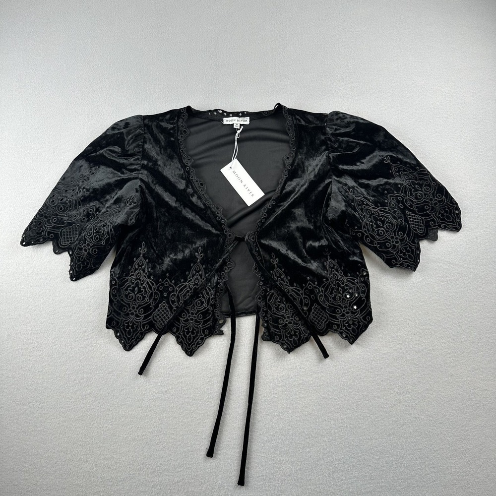 Moon River Eyelet Detail Velvet Top Women Medium Black Tie Front Puff Sleeve NWT